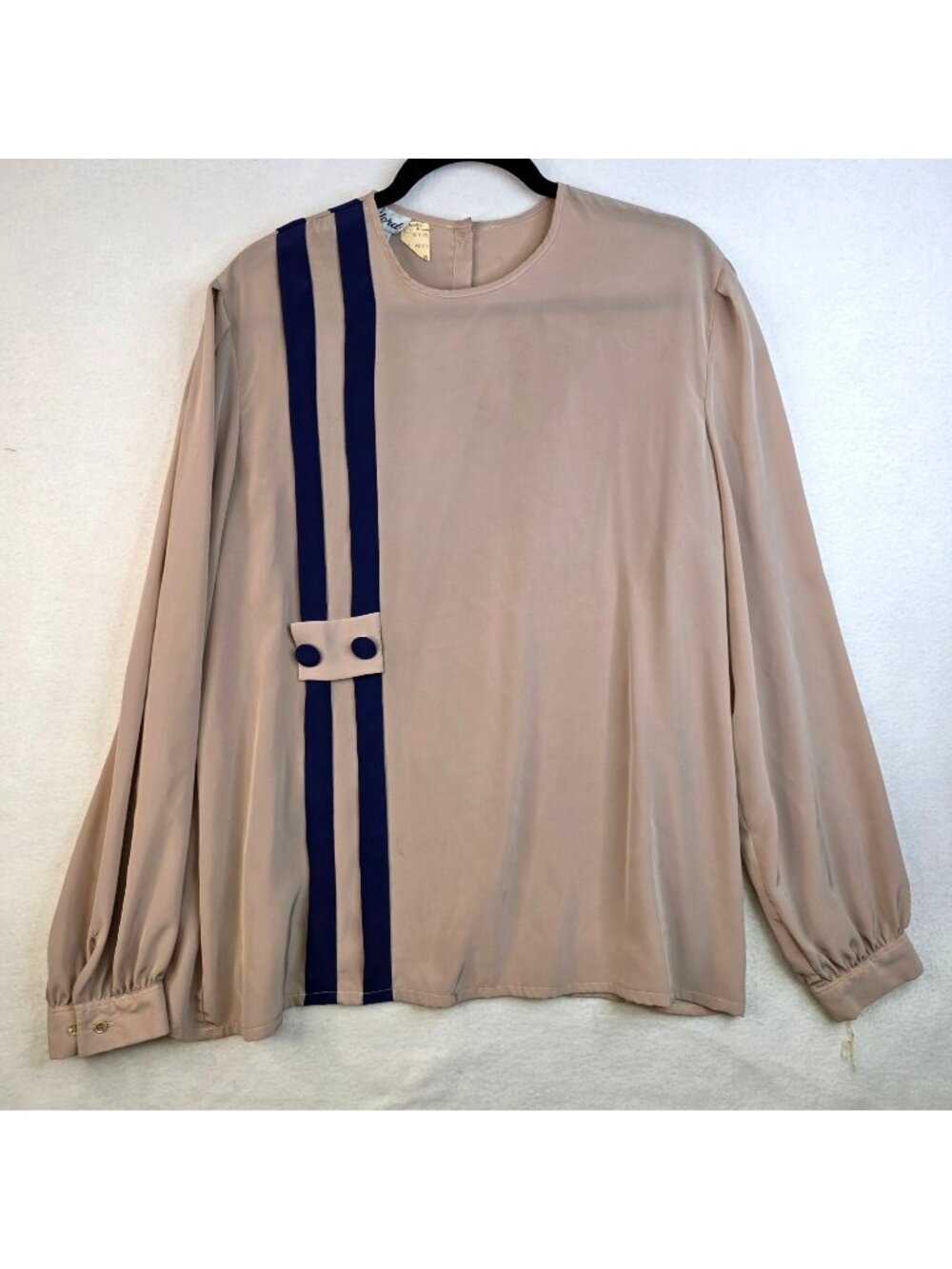 Vintage 80s Gailord Striped Blouse18 Beige Navy Capsule Office Flowy Retro Twee